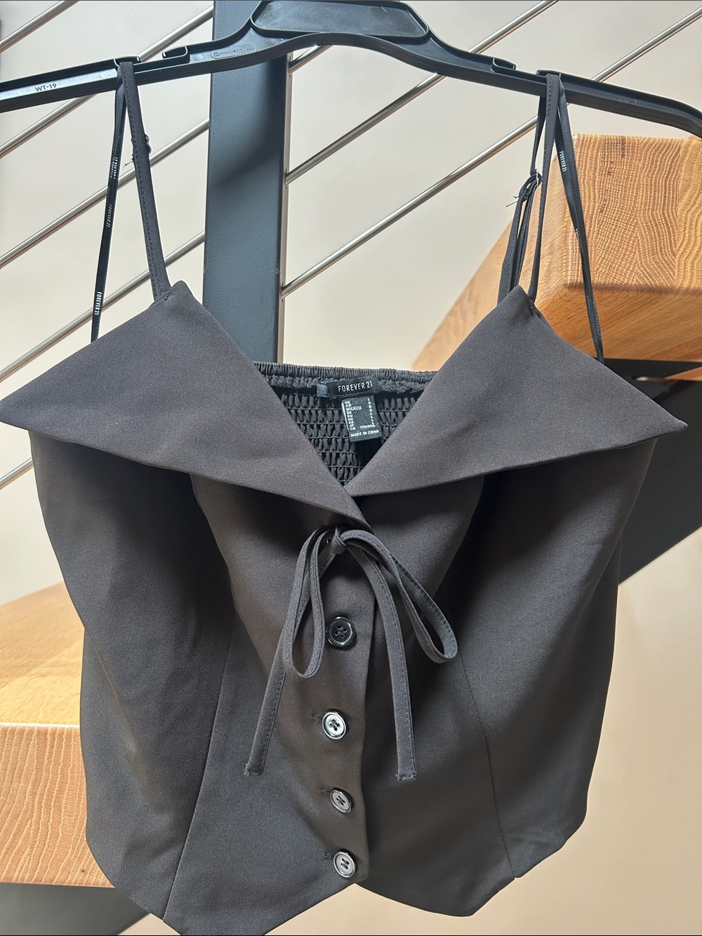 Forever 21 Black Button-Front Tie Cami with Folded Collar